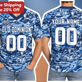 Old Dominion University Monarchs Blue Digital Camo V-Neck Jersey Tee available at our Miami, Florida warehouse