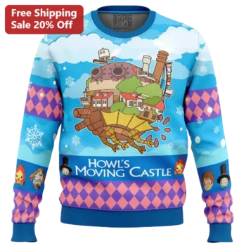 Howl's Moving Castle Sweater, Studio Ghibli Inspired Anime Knit Sweater, Fantasy Castle Graphic Crew available at our Miami, Florida warehouse