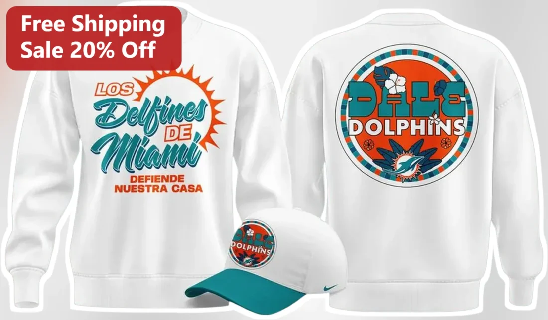 Los Delfines de Miami Defie Nuestra Casa Dale Dolphins Sweatshirt Hispanic NFL Fan Gear available at our Miami, Florida warehouse