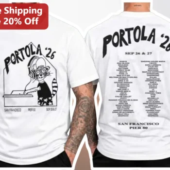 Portola '26 Tee DJ Cat Lineup Graphic T-Shirt EDM Festival Merch available at our Miami, Florida warehouse
