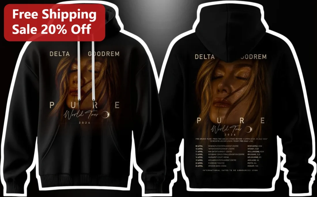 Delta Goodrem Pure World Tour 2026 Hoodie Black Concert Merch Pullover available at our Miami, Florida warehouse