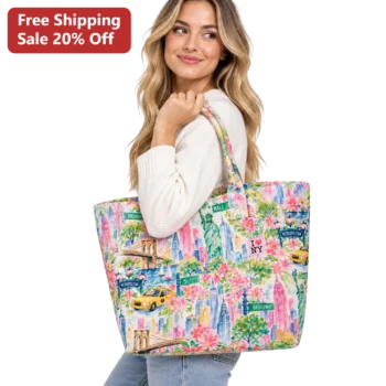 I NY Tote Bag Watercolor NYC Skyline Floral Canvas Shoulder Bag Gift for Women Travel Souvenir available at our Miami, Florida warehouse