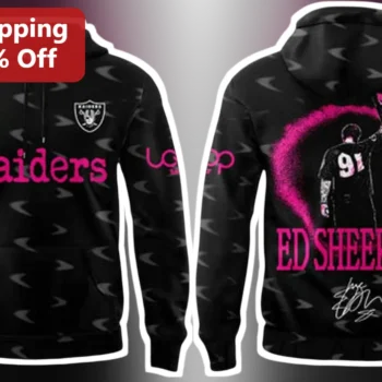 Raiders Ed Sheeran Hoodie Las Vegas NFL Fan Gear Pink Heart Cassette Tape Graphic Sweatshirt available at our Miami, Florida warehouse