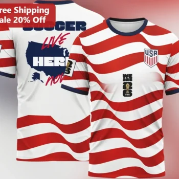 Soccer Live Here Now We Are 26 Graphic Tee USA World Cup Fan Shirt available at our Miami, Florida warehouse