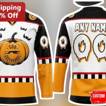 Soo Greyhounds Hockey Jersey Halloween Pumpkin Design Custom Name Number OHL Fan Apparel available at our Miami, Florida warehouse