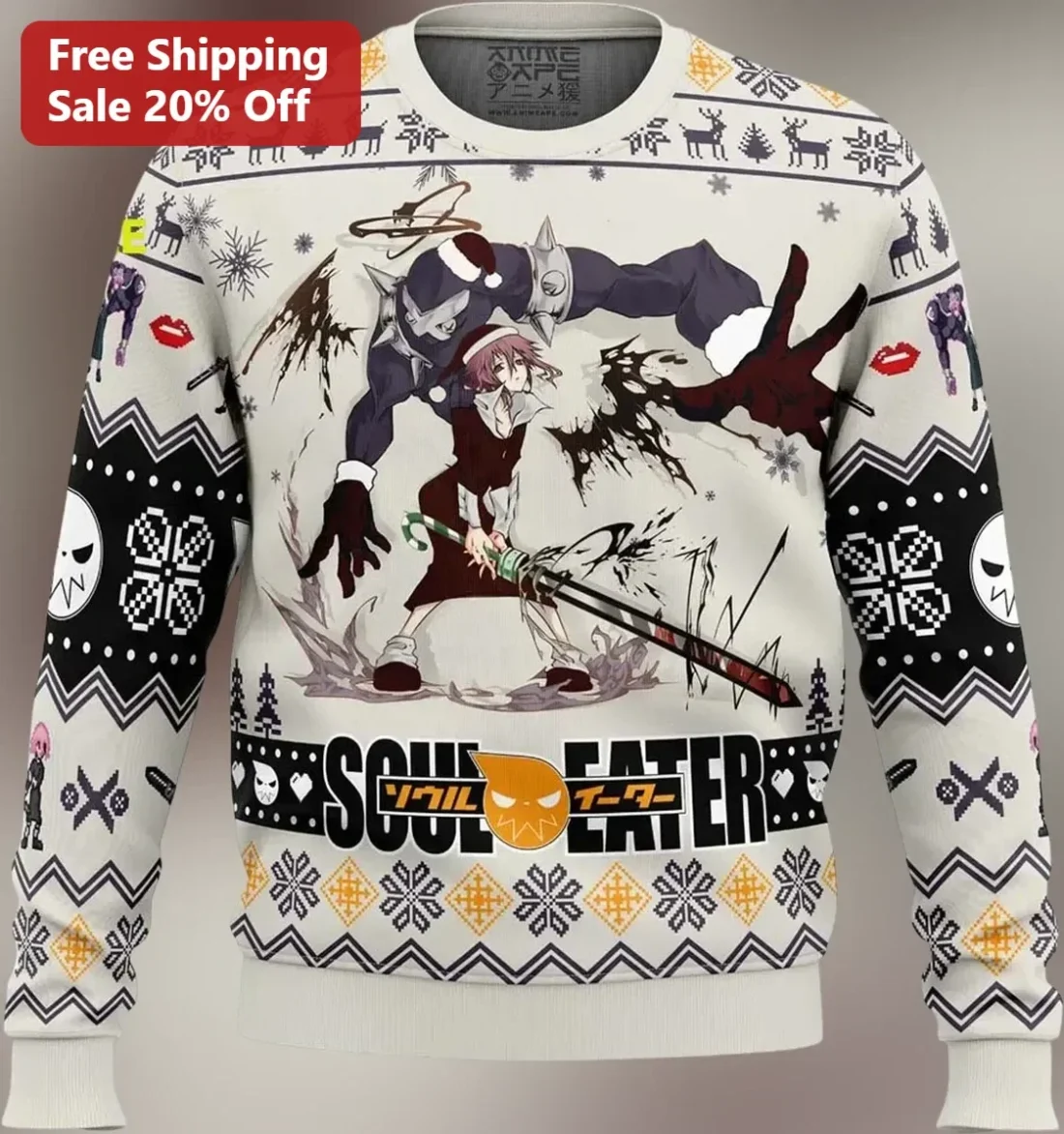 Soul Eater Ugly Christmas Sweatshirt Anime Maka Albarn Skulls Pixel Art Holiday Crewneck available at our Miami, Florida warehouse