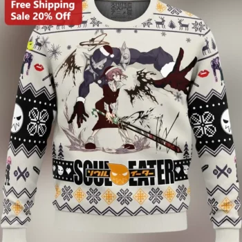 Soul Eater Ugly Christmas Sweatshirt Anime Maka Albarn Skulls Pixel Art Holiday Crewneck available at our Miami, Florida warehouse