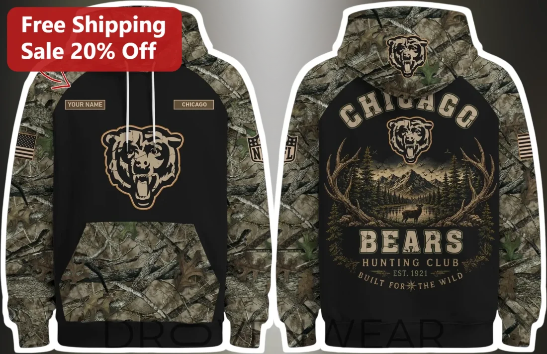 Bears Hunting Club Est. 1921 Built For The Wild Camo Hoodie NFL Fan Gift available at our Miami, Florida warehouse