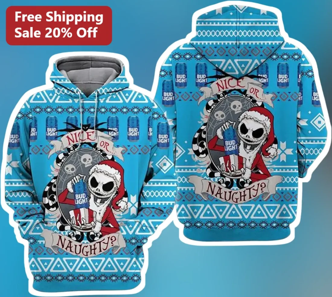 Nice Or Naughty Jack Skellington Ugly Christmas Sweater Hoodie Funny Holiday Gift available at our Miami, Florida warehouse