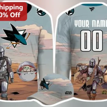 Star Wars The Mandalorian San Jose Sharks Hockey Jersey Custom Name Number available at our Miami, Florida warehouse