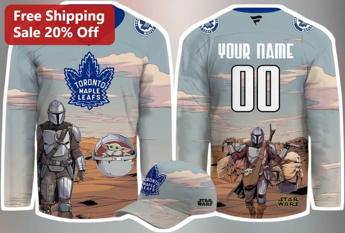 Toronto Maple Leafs Star Wars Jersey The Mandalorian Grogu Custom Name Number Hockey Fan Apparel available at our Miami, Florida warehouse