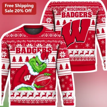 Badgers Wisconsin The Grinch Ugly Christmas Sweatshirt available at our Miami, Florida warehouse