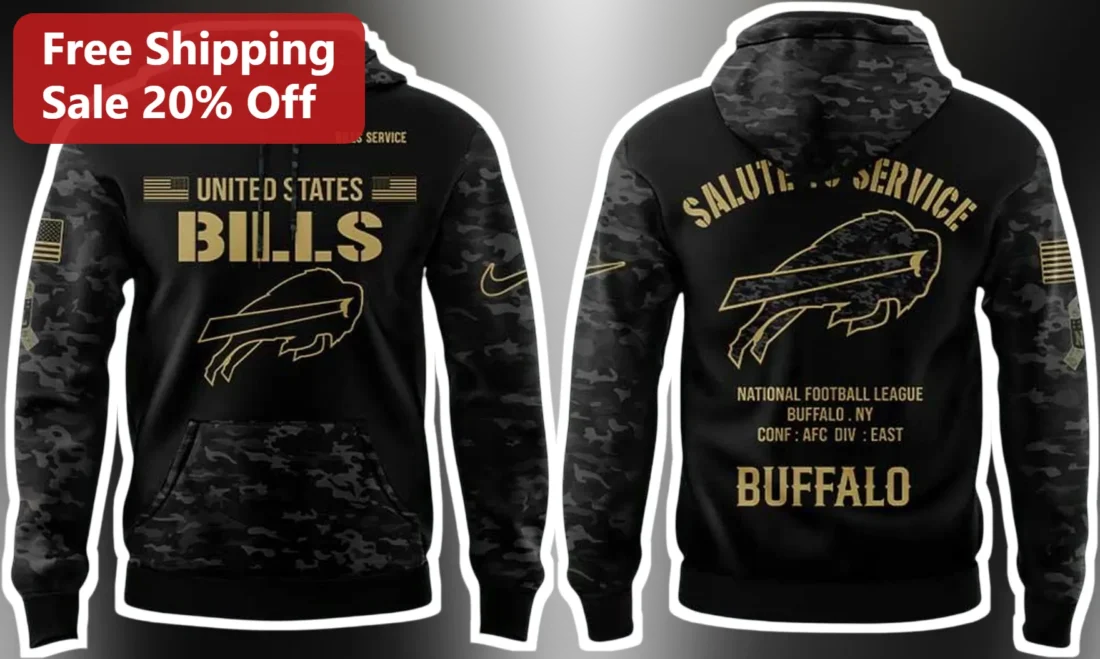 Buffalo Bills Salute to Service NFL Hoodie Military Camo Charging Buffalo Fan Gear available at our Miami, Florida warehouse