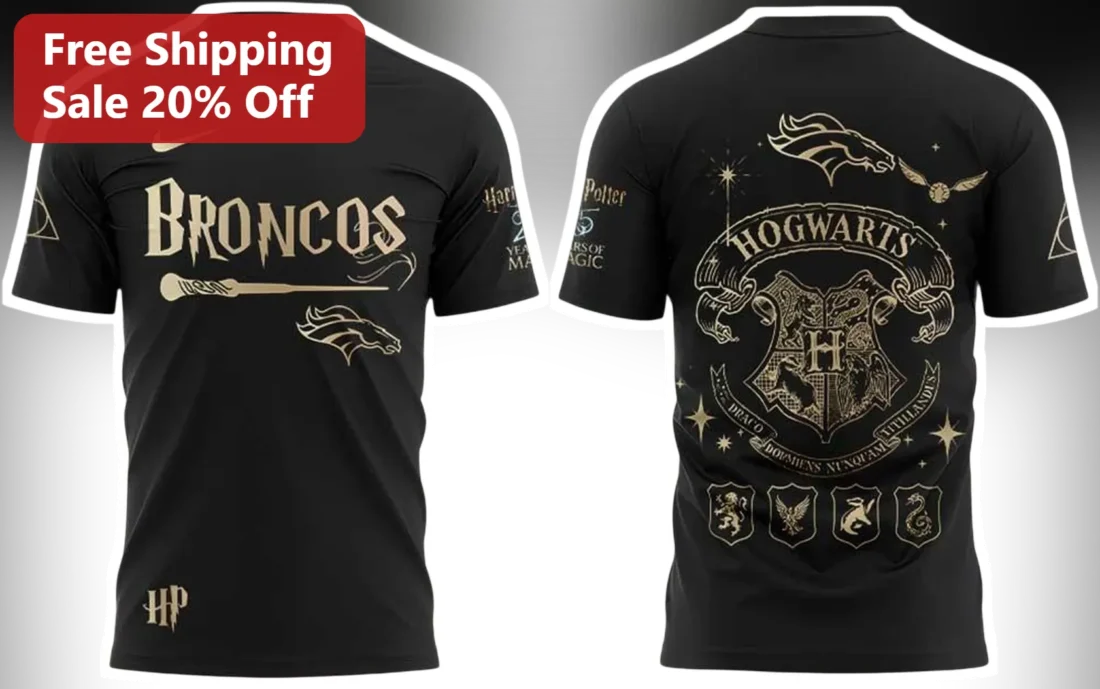 Denver Broncos Hogwarts Graphic Tee Harry Potter Magic NFL Fan Shirt available at our Miami, Florida warehouse