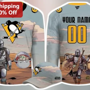 The Mandalorian Jersey Custom Name Penguins Grogu Star Wars Mashup Personalized Baseball Shirt for M available at our Miami, Florida warehouse