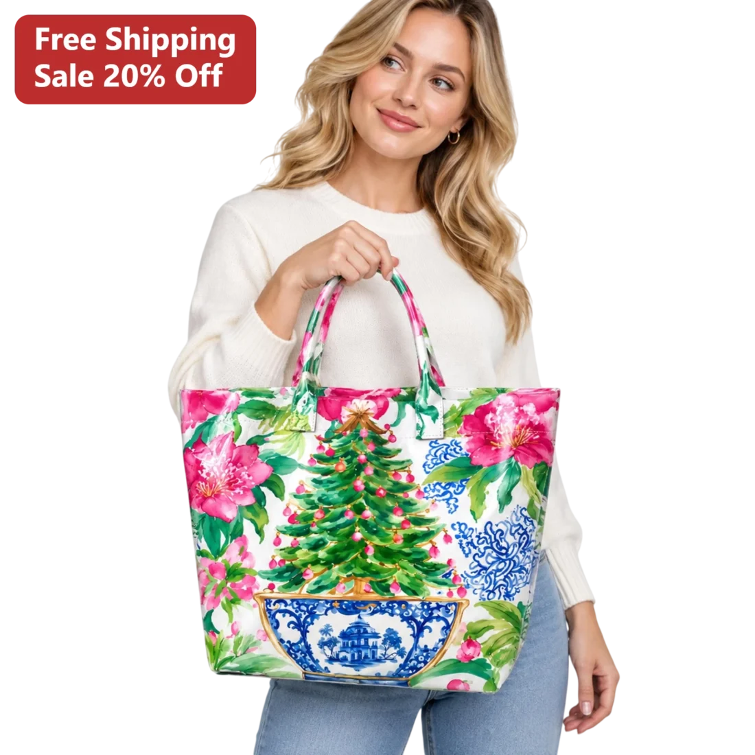 Chinoiserie Floral Christmas Tree Tote Bag Blue and White Vintage Holiday Gift for Women available at our Miami, Florida warehouse