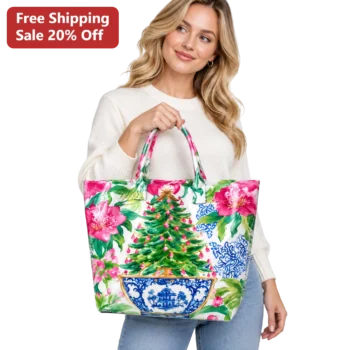 Chinoiserie Floral Christmas Tree Tote Bag Blue and White Vintage Holiday Gift for Women available at our Miami, Florida warehouse