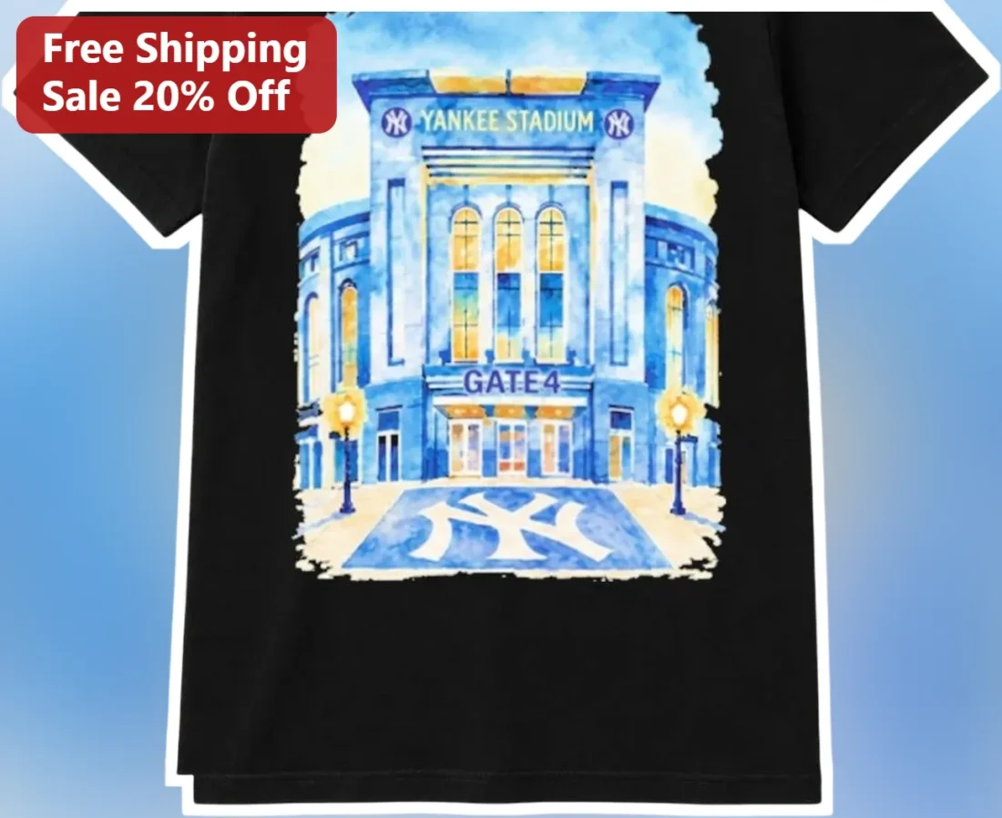 Yankee Stadium Gate 4 Tee Watercolor NY Landmark Baseball Fan Shirt available at our Miami, Florida warehouse