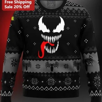 Venom Ugly Christmas Sweater Sweatshirt Marvel Comic Villain Holiday Crewneck Gift available at our Miami, Florida warehouse