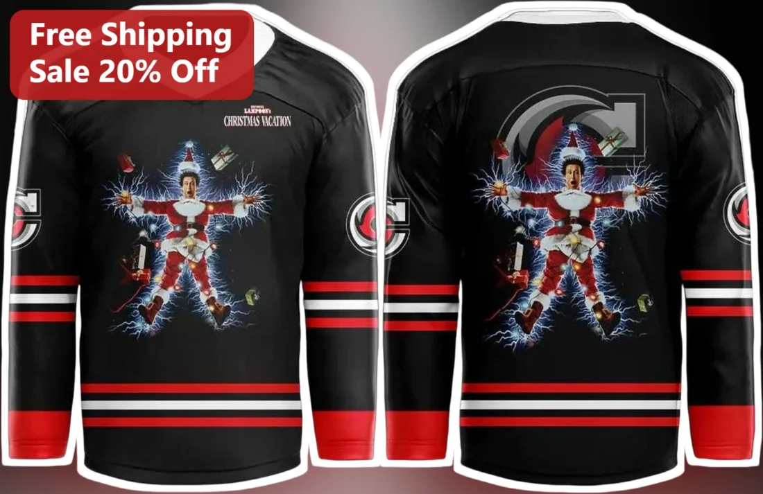 National Lampoon's Christmas Vacation Clark Griswold Santa Hockey Jersey available at our Miami, Florida warehouse