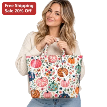 Fall Pumpkin Floral Tote Bag Boho Cottagecore Autumn Harvest Canvas Carryall Gift for Women available at our Miami, Florida warehouse