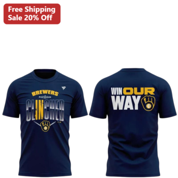 Brewers Postseason Clinched Win Our Way Tee Milwaukee Brewers Playoff Fan Gear Navy Blue Shirt available at our Miami, Florida warehouse