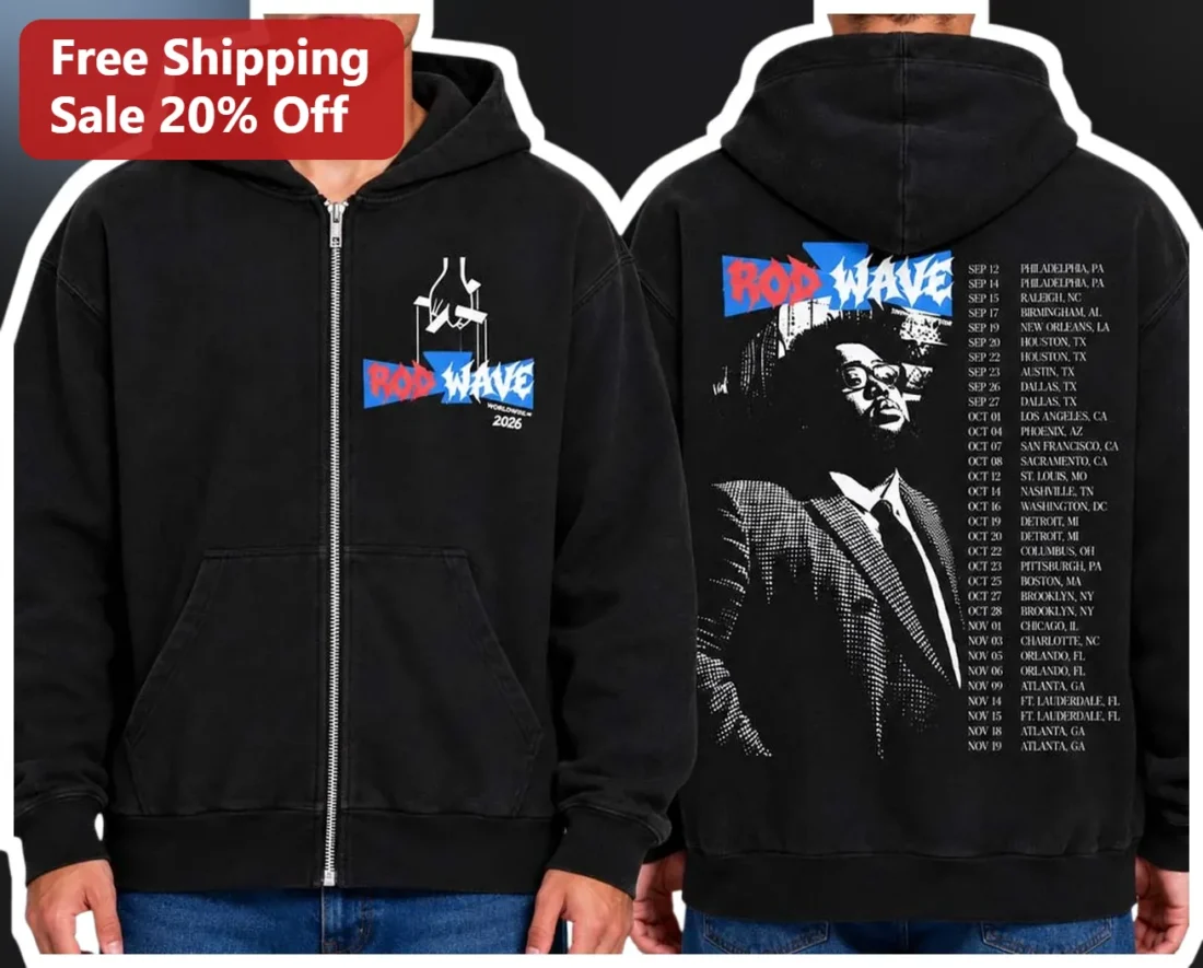 Rod Wave World Tour 2026 Hoodie Hip Hop Concert Merch Zip Up Sweatshirt available at our Miami, Florida warehouse