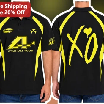XO Stadium Tour Polo Shirt Ariana Grande Concert Merch Black Neon Yellow Graphic Apparel available at our Miami, Florida warehouse