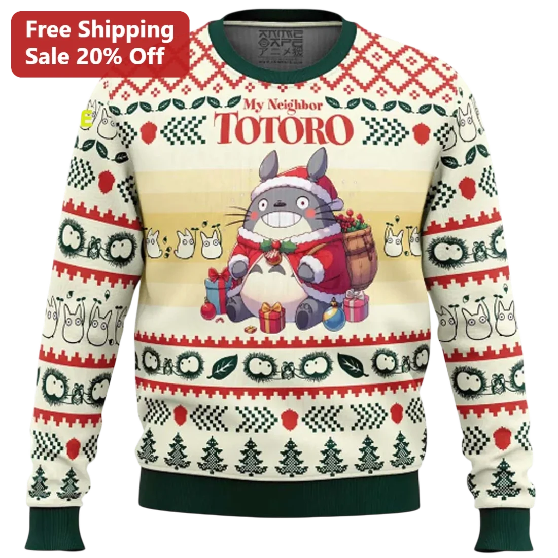 My Neighbor Totoro Ugly Christmas Sweater, Studio Ghibli Santa Totoro Fair Isle Knit Print Holiday G available at our Miami, Florida warehouse