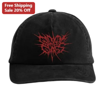 Red Spiky Abstract Logo Cap Black Washed Streetwear Hat available at our Miami, Florida warehouse