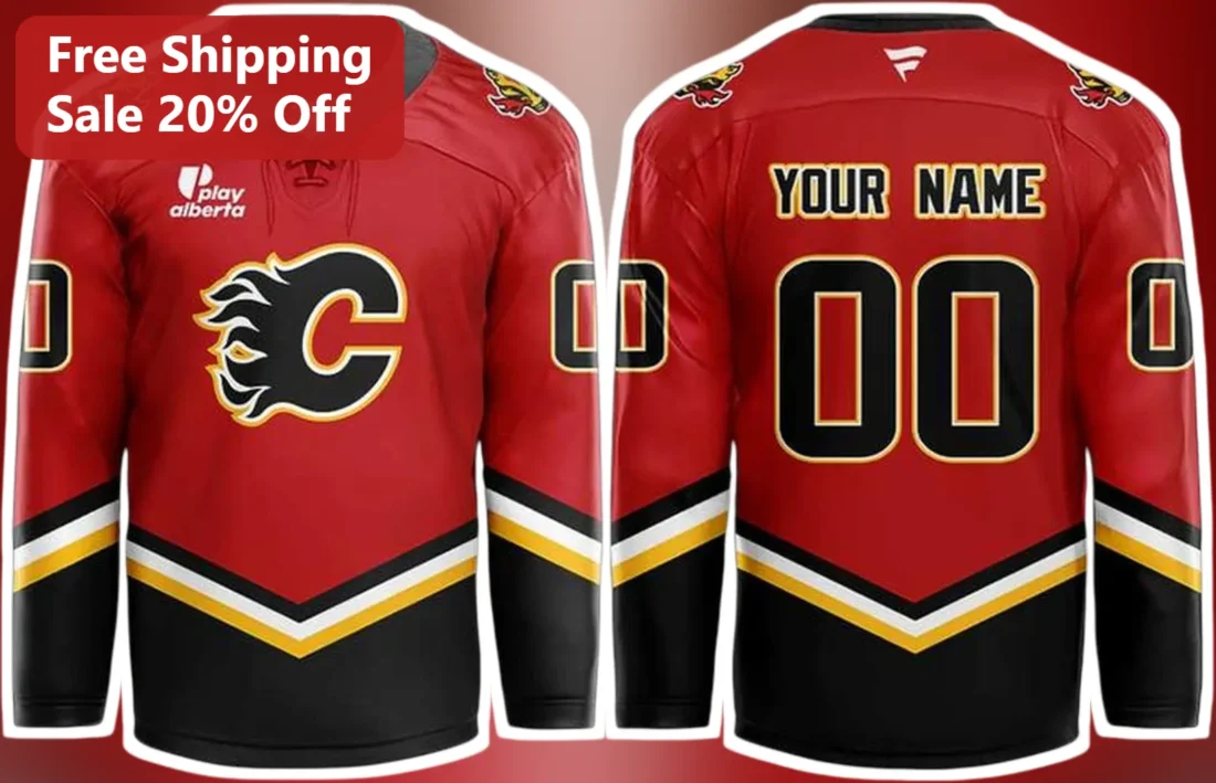 Calgary Flames Jersey Custom Name Number Red Black Yellow NHL Hockey Fan Gear Gift available at our Miami, Florida warehouse