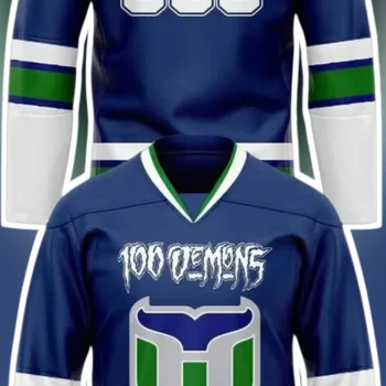 Demons Hockey Jersey Custom Gothic Metal Band Merch Navy Blue Personalized Sports Uniform available at our Miami, Florida warehouse