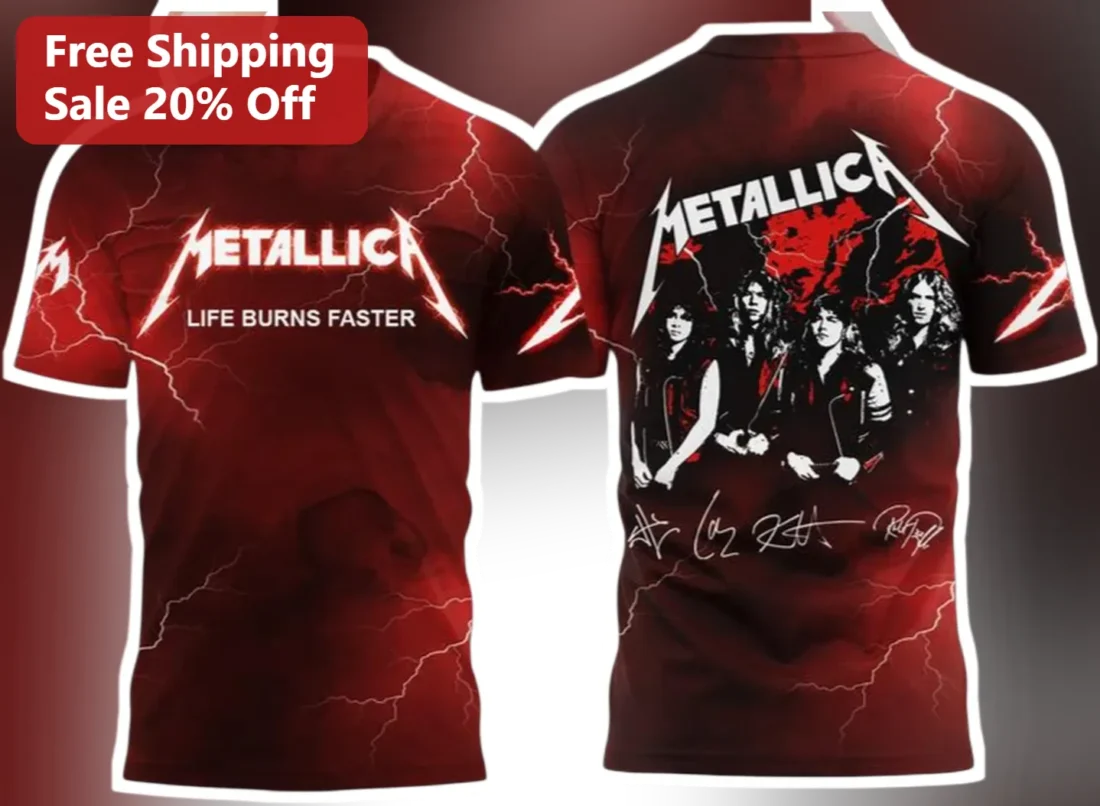 Metallica Life Burns Faster Tee Sphere Residency Heavy Metal Band Merch Graphic T-Shirt available at our Miami, Florida warehouse