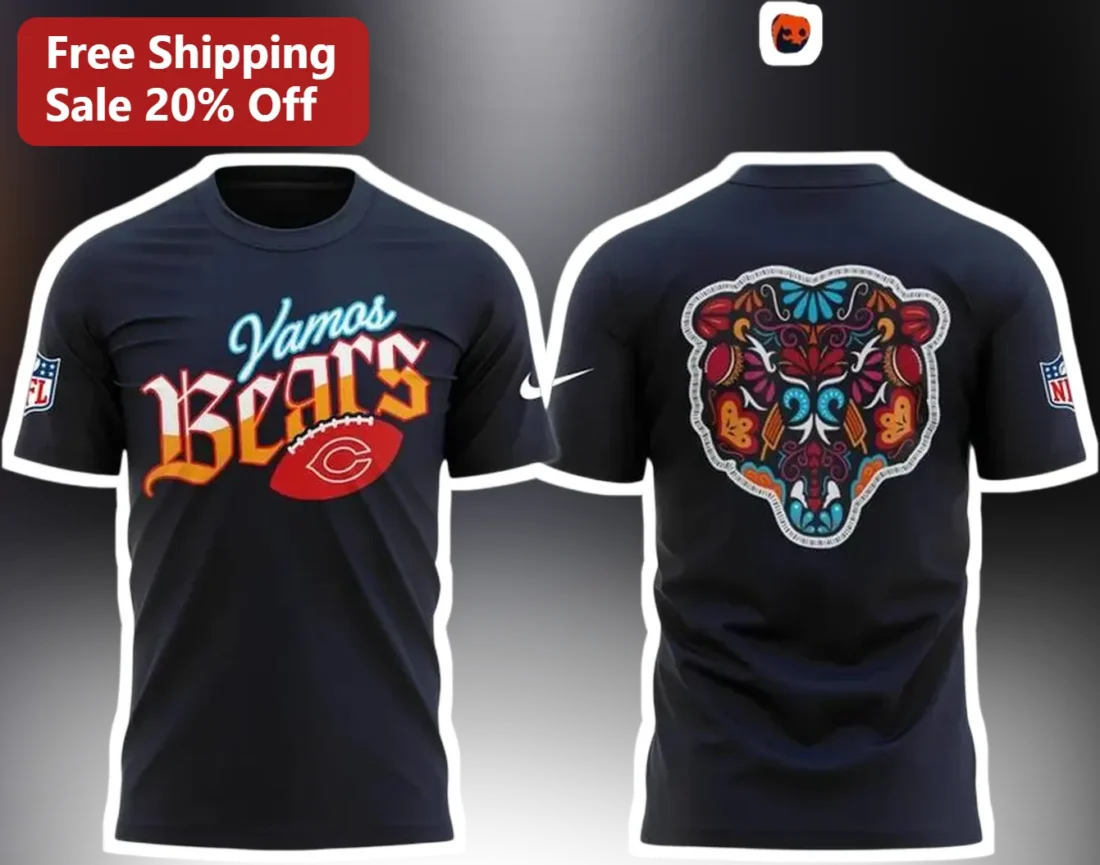 Vamos Bears Tee Chicago Bears Latino Heritage Dia De Los Muertos Sugar Skull Graphic T-Shirt available at our Miami, Florida warehouse