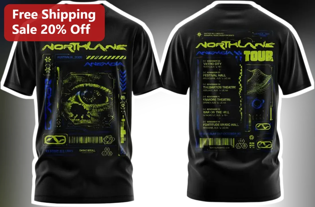 Northlane Anemia Tour Tee Metalcore Band Merch Glitch Art Graphic Shirt for Fans available at our Miami, Florida warehouse