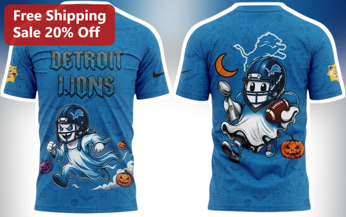 Detroit Lions Halloween Ghost Graphic Tee Honolulu Blue NFL Fan Shirt available at our Miami, Florida warehouse
