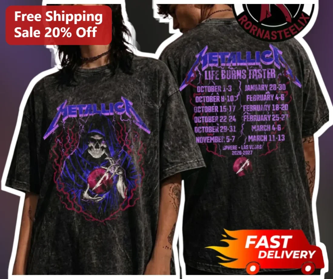 Metallica Life Wraps Faster Tee M72 World Tour Sphere Las Vegas Heavy Metal Band Merch Acid Wash Gra available at our Miami, Florida warehouse