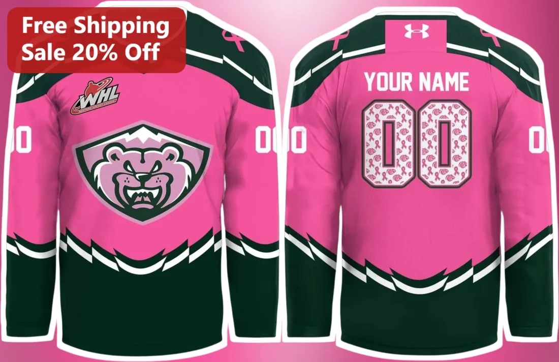 WHL Jersey Pink Bear Hockey Breast Cancer Awareness Ribbon Custom Name Gift available at our Miami, Florida warehouse
