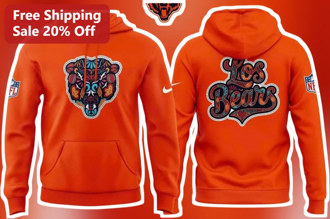 Los Bears Hoodie Chicago Bears Fan Pullover Day of the Dead Bear Graphic Sweatshirt for Men Women available at our Miami, Florida warehouse