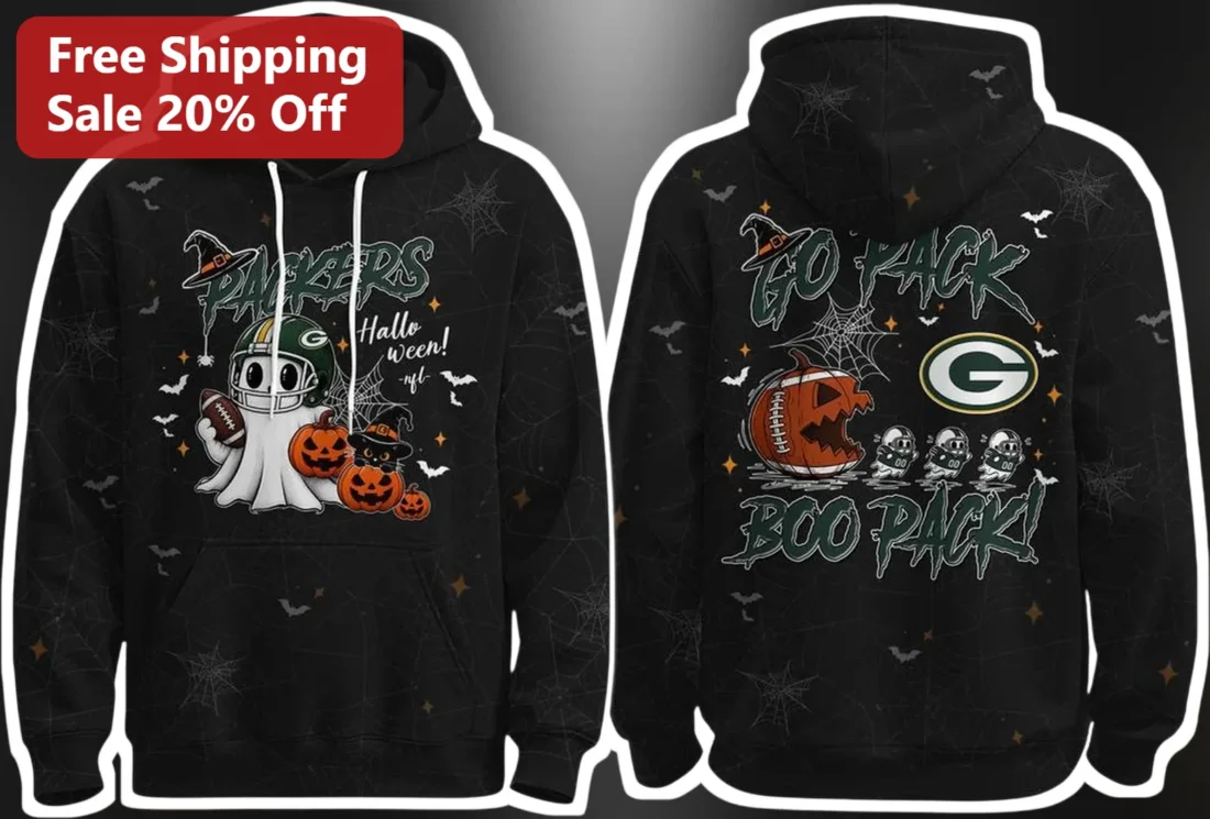 Packers Halloween Hoodie Green Bay Packers Boo Pack Ghost Pumpkin Spooky Football Fan Apparel available at our Miami, Florida warehouse