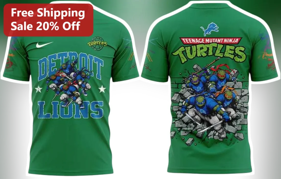 Detroit Lions Teenage Mutant Ninja Turtles Tee NFL TMNT Crossover Graphic Shirt available at our Miami, Florida warehouse