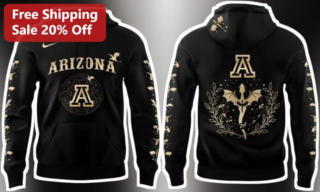 Arizona Hoodie Black Pullover with Gold Dragon and Laurel Wreath Graphic for University of Arizona W available at our Miami, Florida warehouse