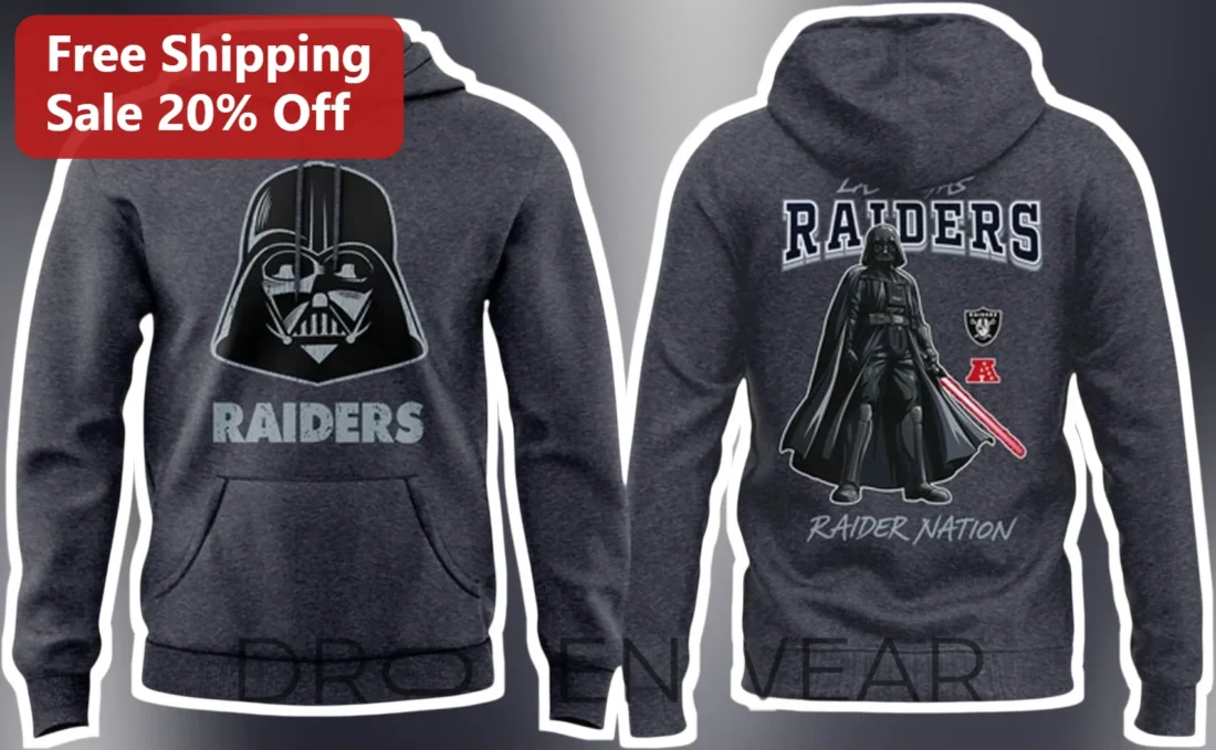 Raider Nation Darth Vader Las Vegas Raiders Hoodie NFL Star Wars Crossover Fan Gear available at our Miami, Florida warehouse