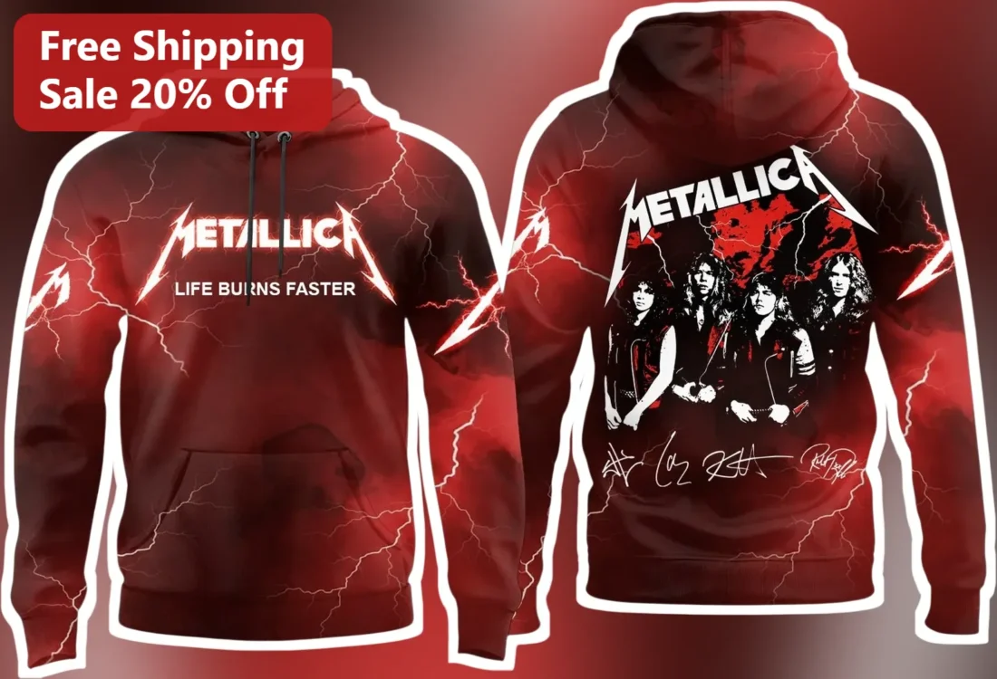 Metallica Life Burns Faster Hoodie Heavy Metal Band Merch Sphere Las Vegas Residency Apparel available at our Miami, Florida warehouse