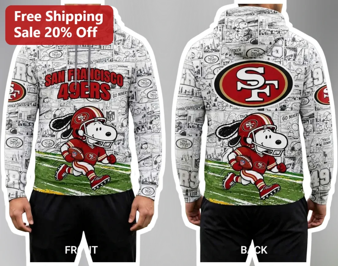 San Francisco 49ers Snoopy Peanuts Pullover Hoodie NFL Fan Merch available at our Miami, Florida warehouse