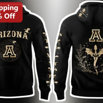 Arizona Hoodie Black Pullover with Gold Dragon and Laurel Wreath Graphic for University of Arizona W available at our Miami, Florida warehouse