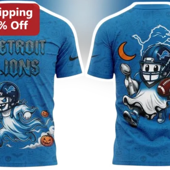 Detroit Lions Halloween Ghost Graphic Tee Honolulu Blue NFL Fan Shirt available at our Miami, Florida warehouse