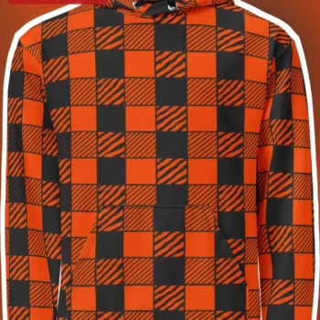Distorted Checkerboard Pattern Hoodie Orange Black All Over Print Pullover available at our Miami, Florida warehouse
