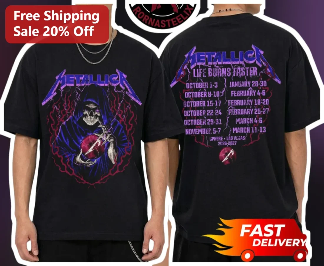 Metallica Life Burns Faster Tee Sphere Las Vegas Tour Merch Graphic T-Shirt available at our Miami, Florida warehouse