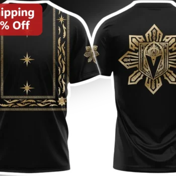 Gold Filigree Star Crest T-Shirt Black Gothic Fantasy Heraldic Tee available at our Miami, Florida warehouse